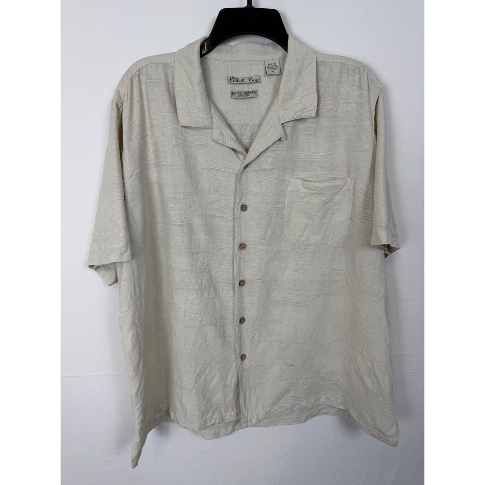 Batik Bay Men 100% Silk Button Down Shirt XL Beige Tropical Jacquard Camp Collar